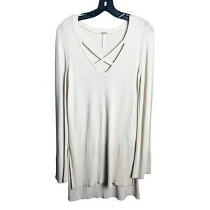 Free People Linen Blend Tunic Lightweight Criss Cross V Neck Sweater Cream M